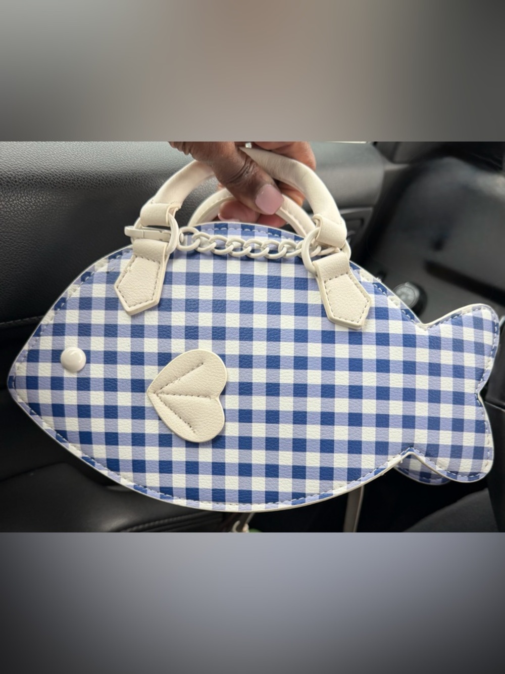 Betsey Johnson Blue Gingham Fish-Shaped Mini Bag with Cream Accents